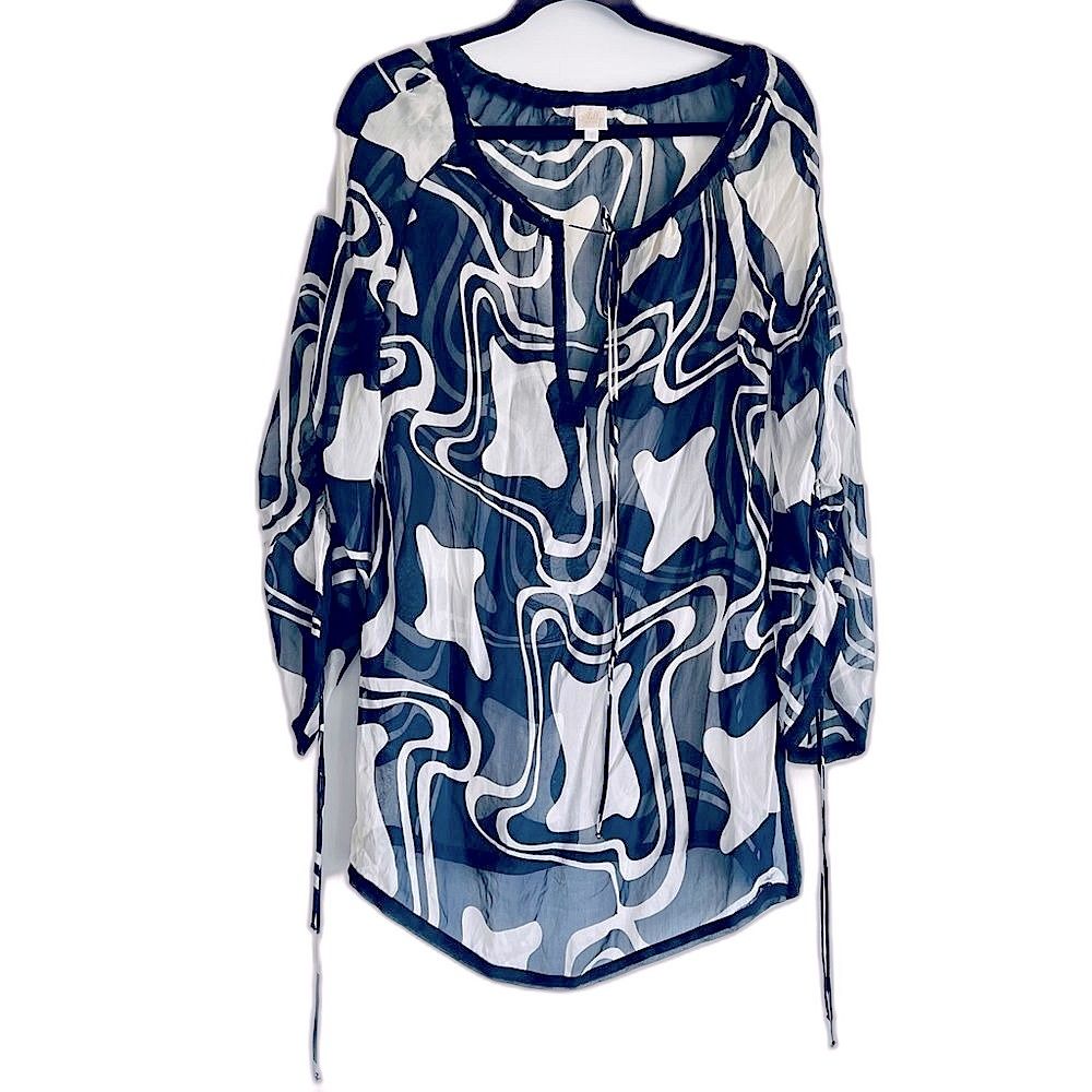 Milly Cabana 100% Silk Semi Sheer Beach Cover Up Navy Blue White Size Small
